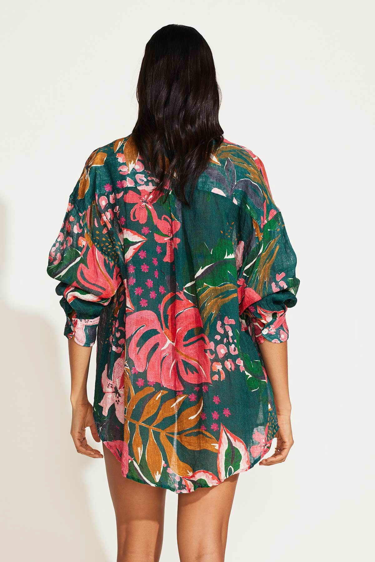 VITAMIN A PLAYA LINEN OVERSIZED SHIRT DRESS PAINTED JUNGLE