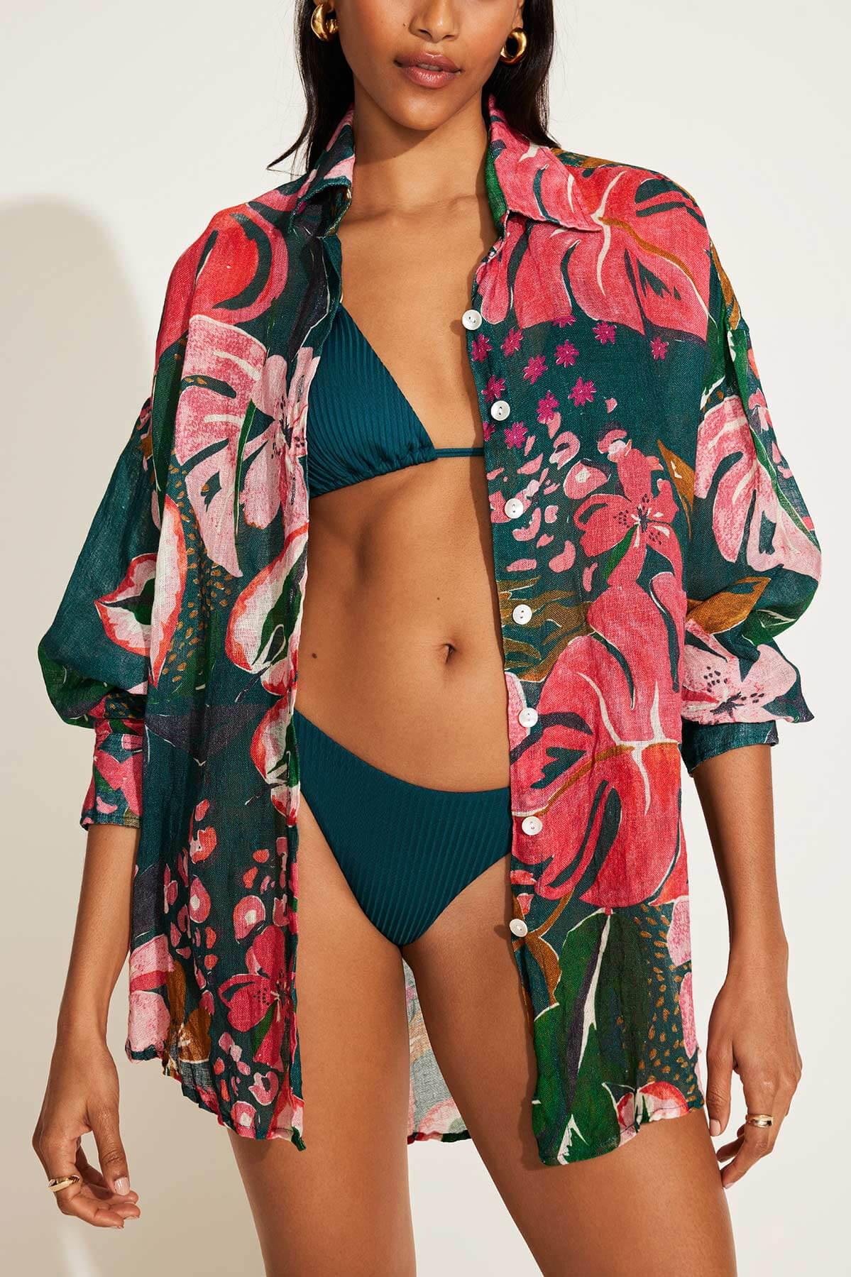 VITAMIN A PLAYA LINEN OVERSIZED SHIRT DRESS PAINTED JUNGLE