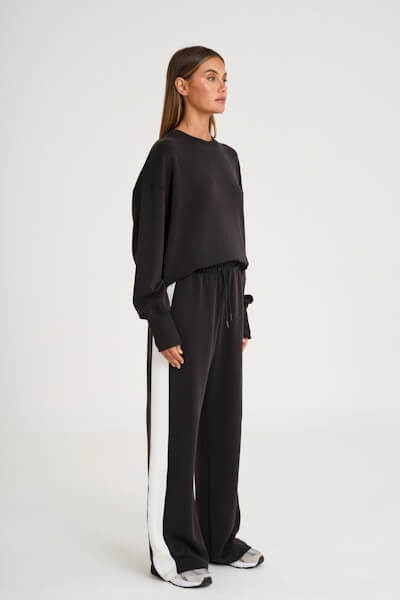 ALLFENIX Soft Luxury Contrast Wide Leg Track Pant in black