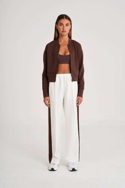 ALLFENIX Soft Luxury Contrast Wide Leg Track Pant in espresso