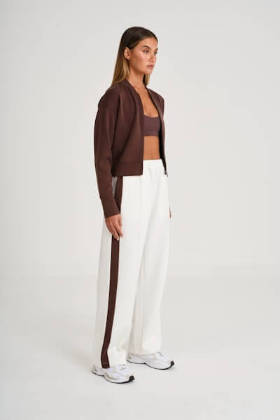 ALLFENIX Soft Luxury Contrast Wide Leg Track Pant in espresso
