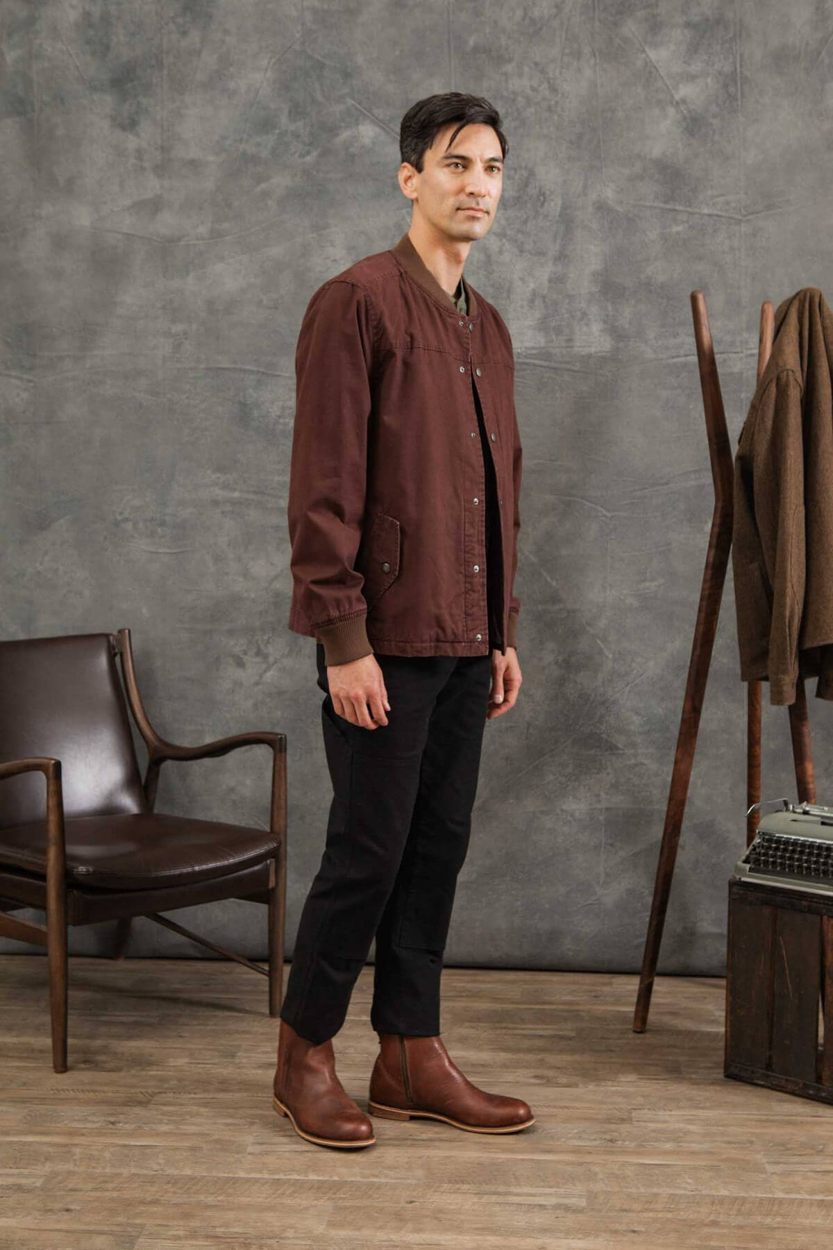 Bridge and Burn Austen Varsity Jacket in mahogany canvas