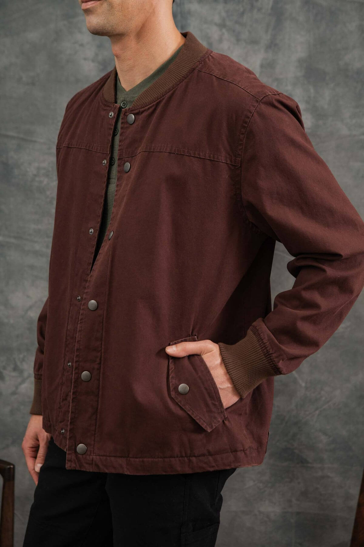 Bridge and Burn Austen Varsity Jacket in mahogany canvas