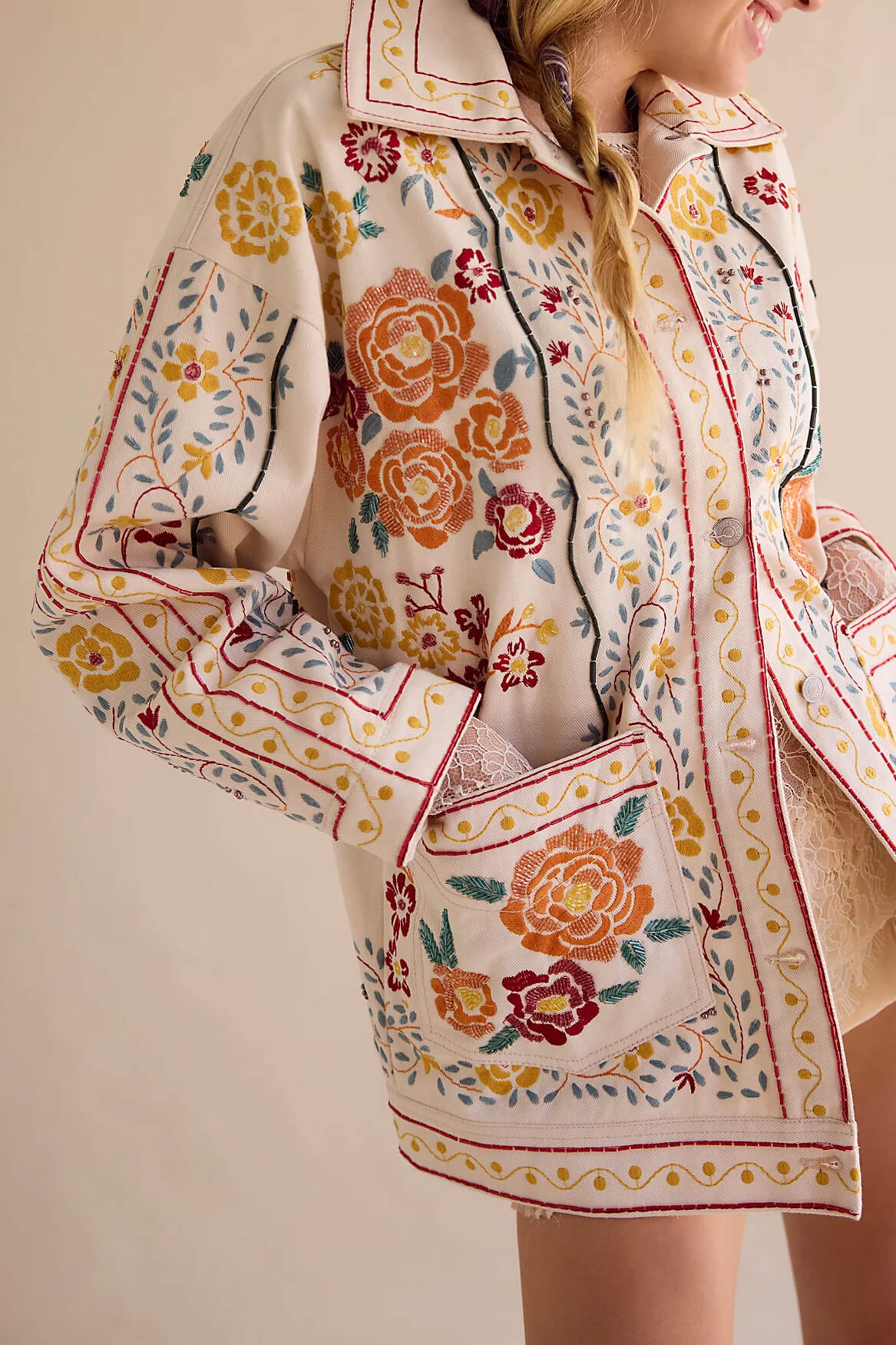 Free People Avery Embellished Jacket in pearled ivory