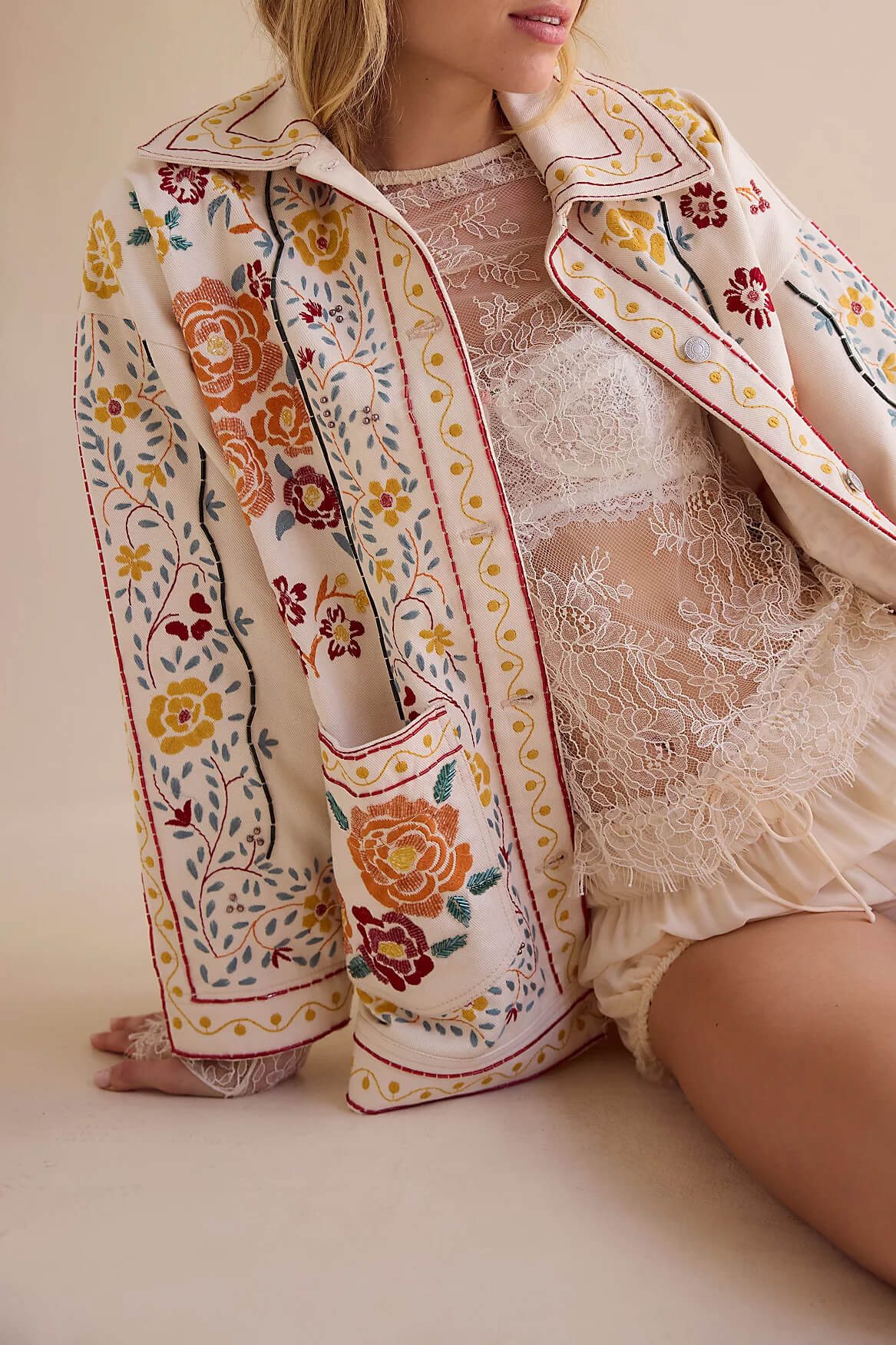 Free People Avery Embellished Jacket in pearled ivory