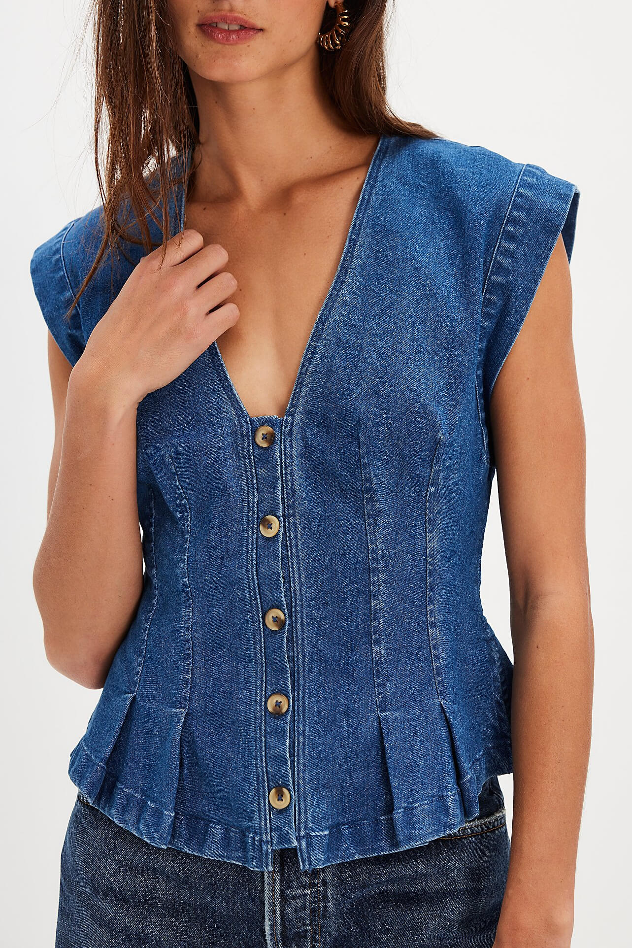 Free People Dylan Denim Vest in medium blue