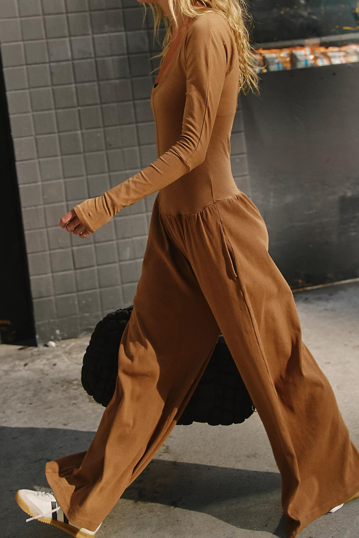 Free People hot shot wide leg onesie in camel