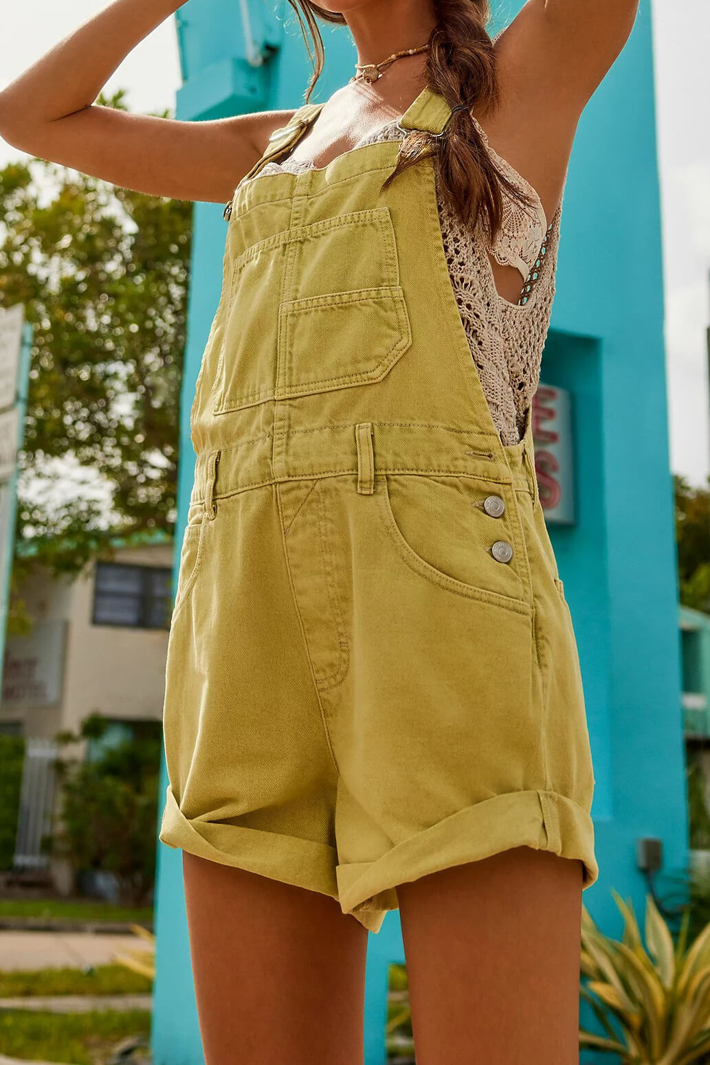 Free People ziggy shortalls in sunny lime