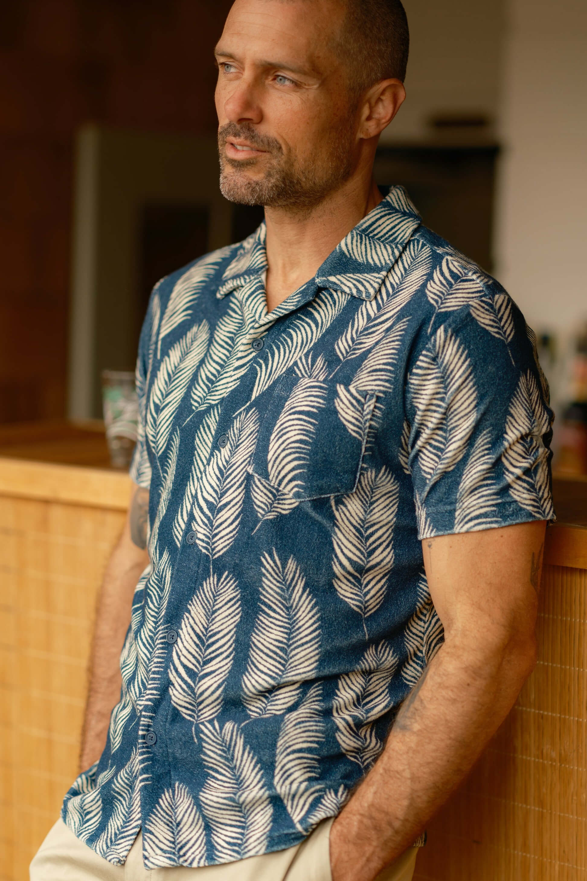Grayers Riviera terry button front shirt in navy palm