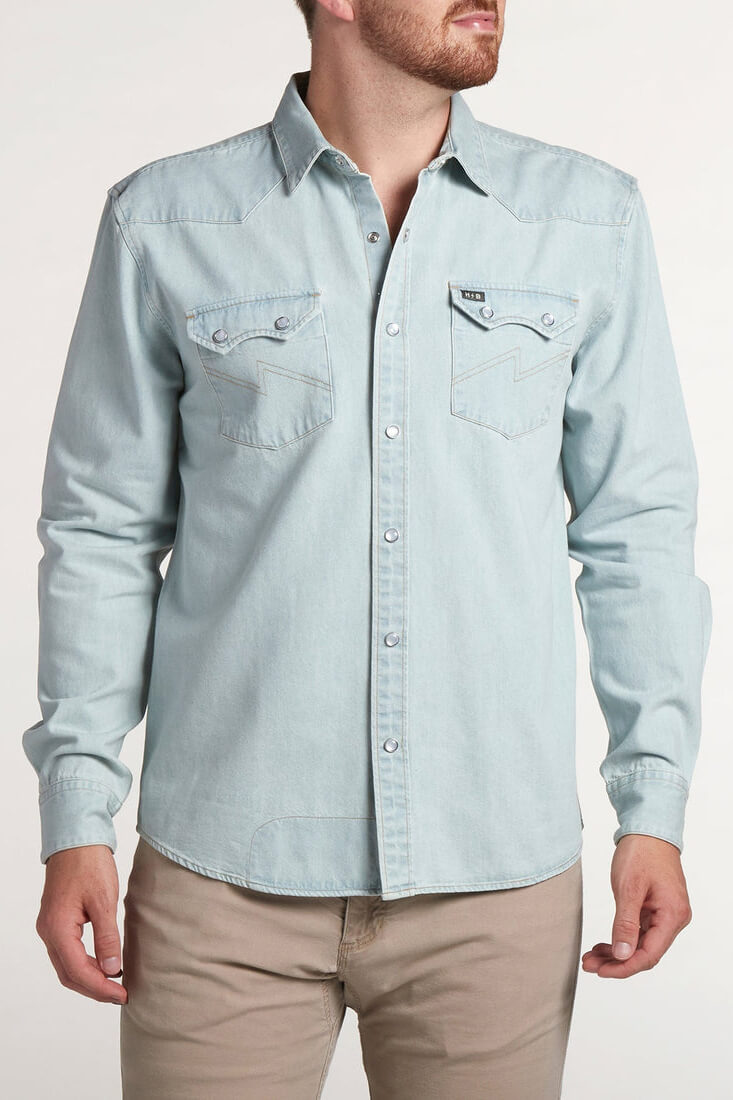 Howler Bros Dust Up Denim Snapshirt in light wash