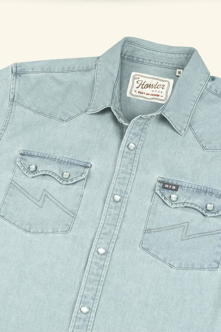 Howler Bros Dust Up Denim Snapshirt in light wash