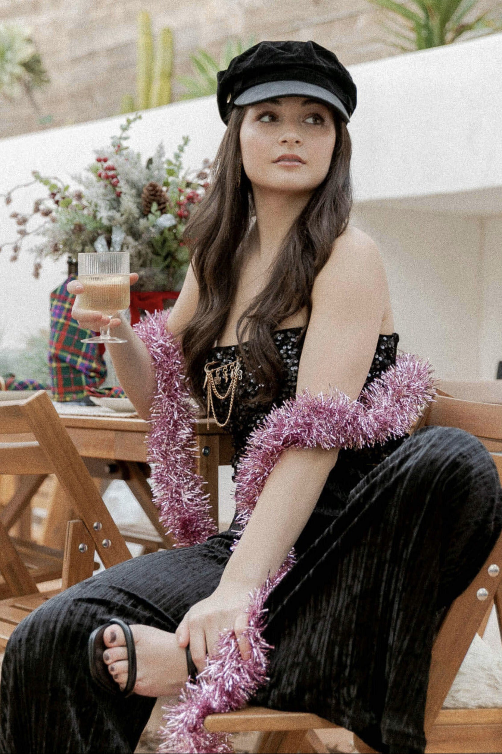 Womens black sequin top and velvet pant set