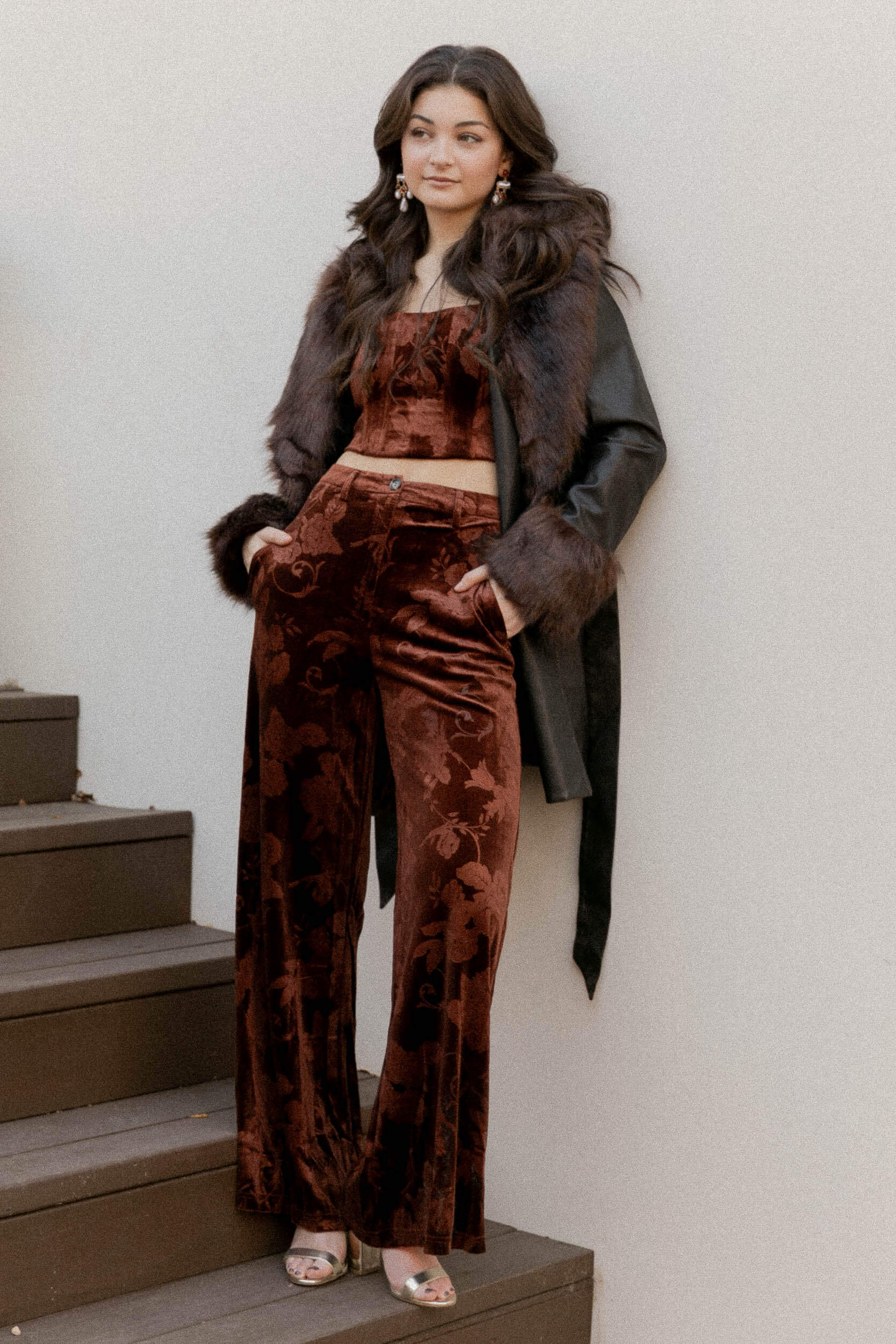 Women's brown fur and leather jacket