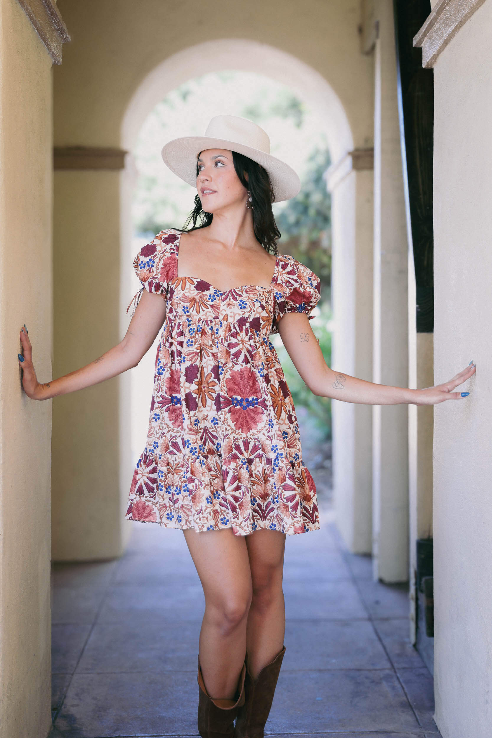Womens babydoll dress with floral print and puff sleeves