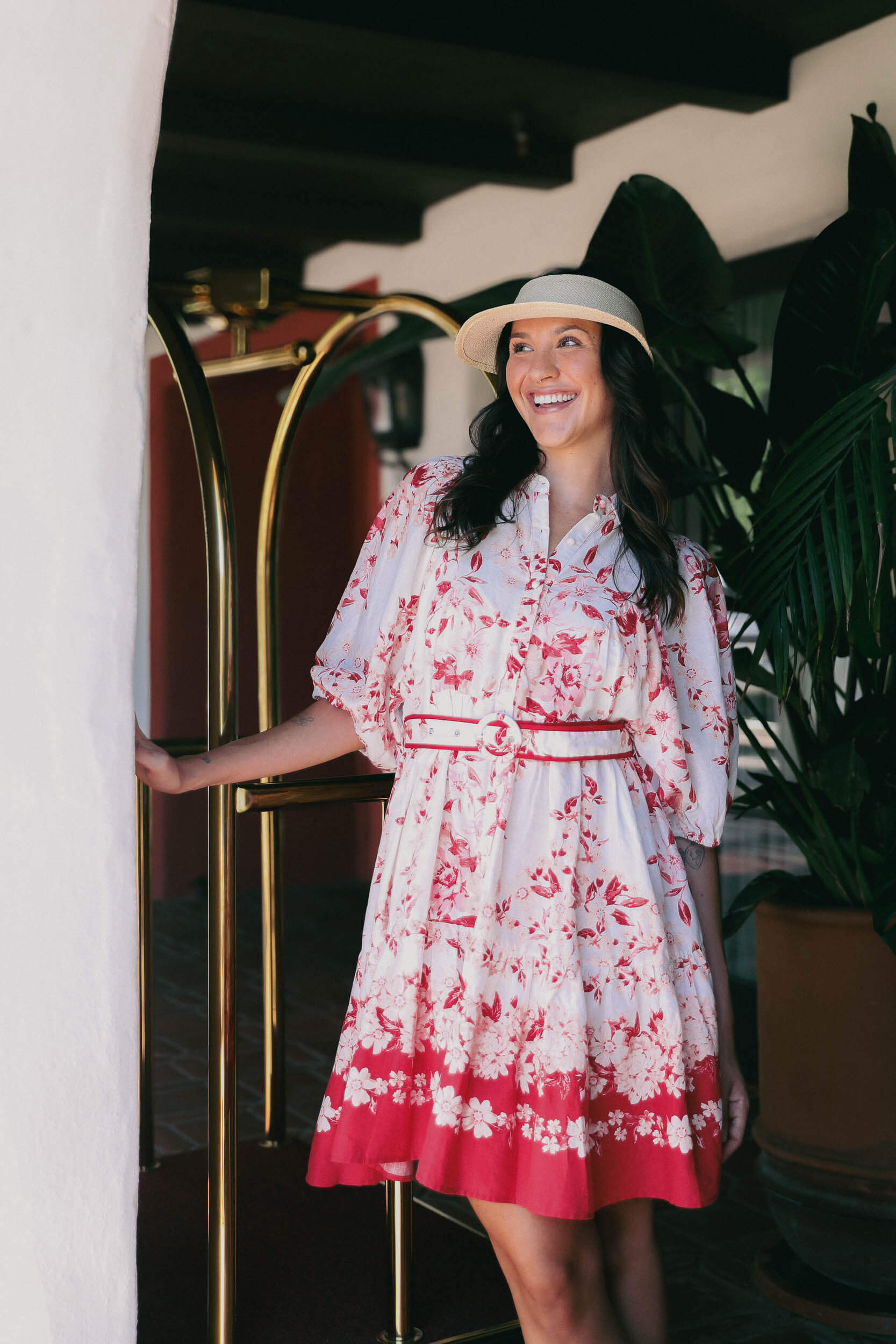Womens floral printed dress with collar, puff sleeves, and waist belt