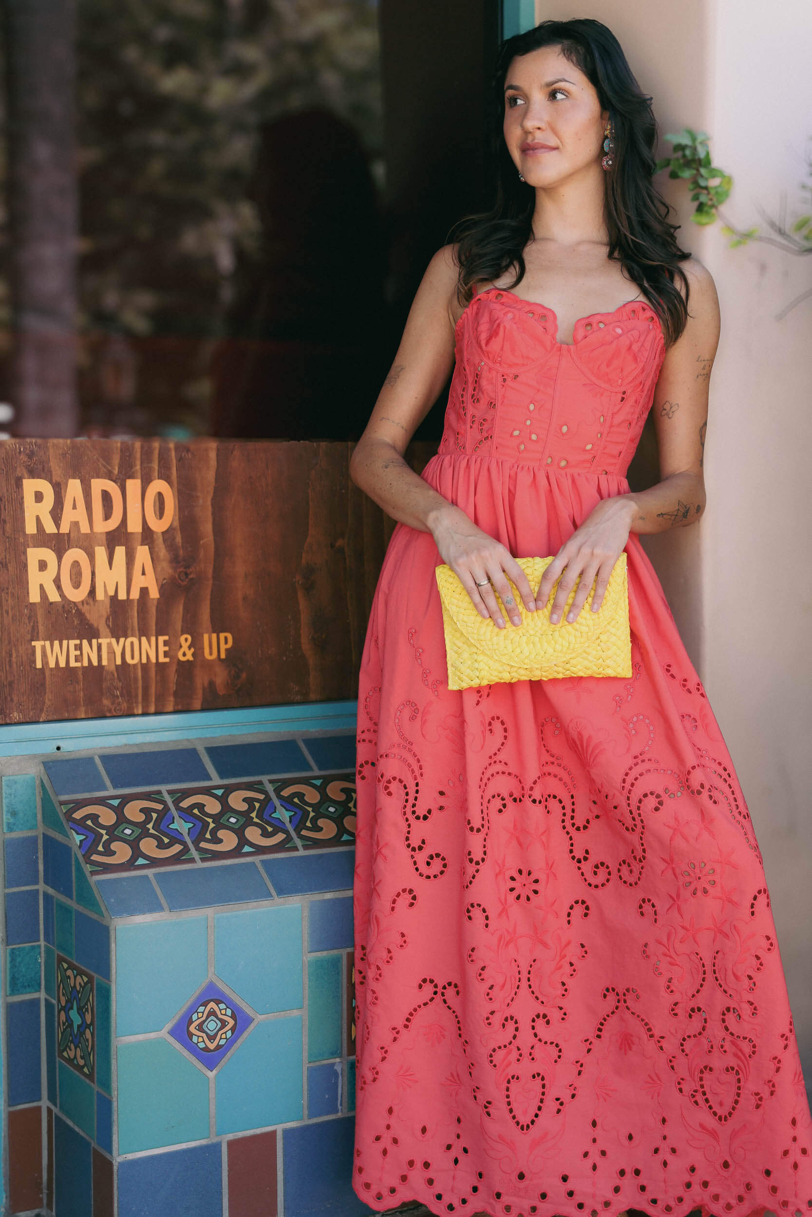 Womens bright coral maxi dress with eyelet details