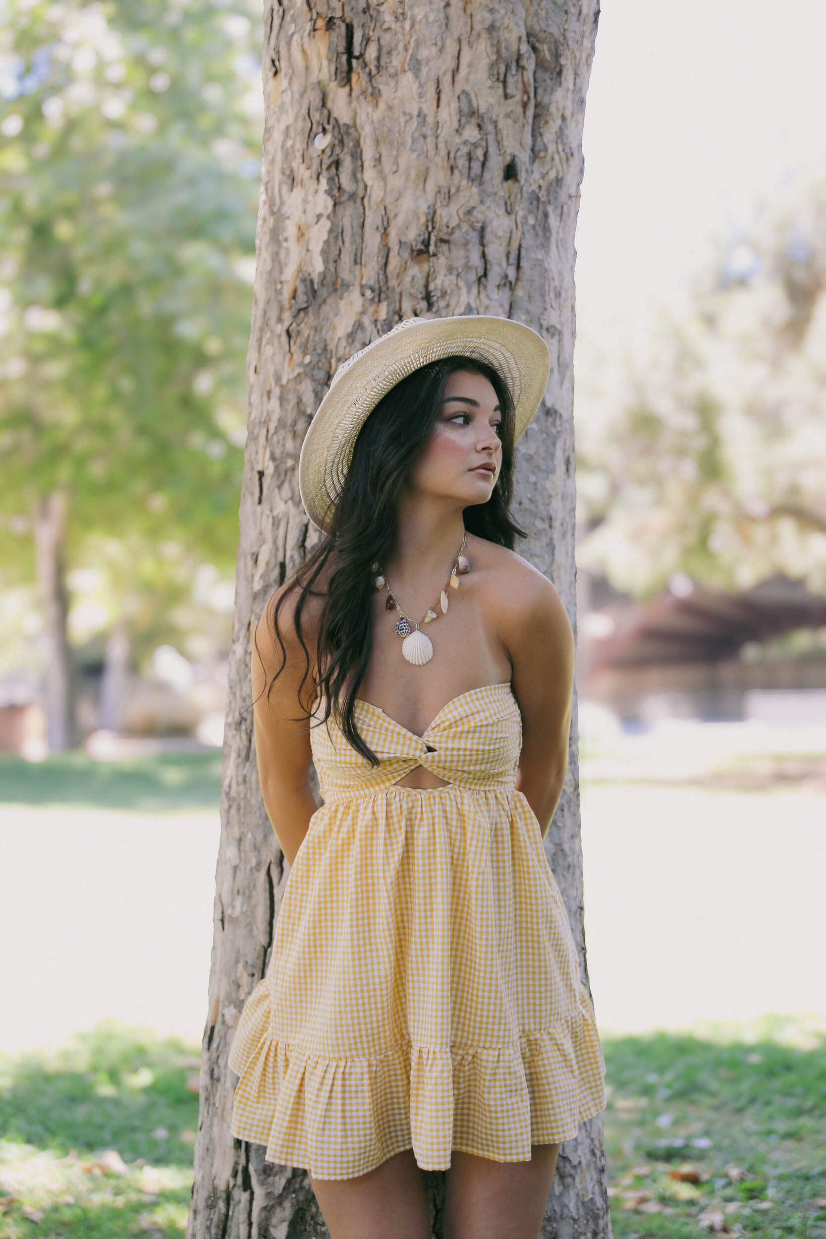 Womens yellow and white gingham strapless mini dress