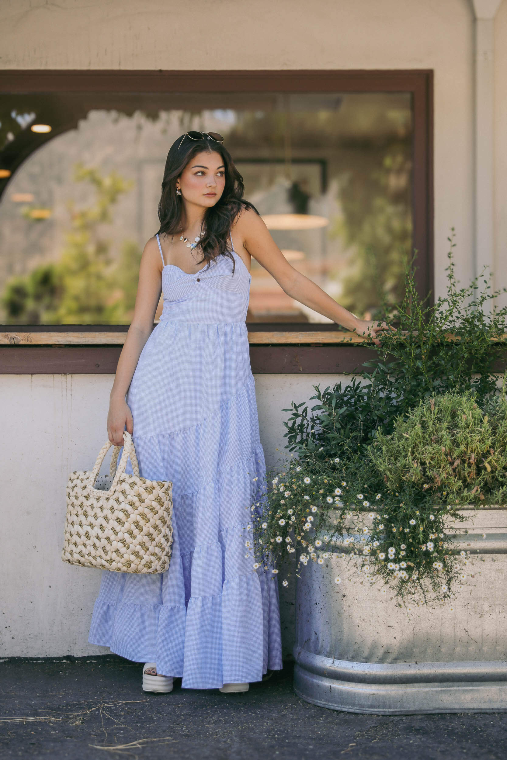 Womens gingham maxi dress with tiered skirt