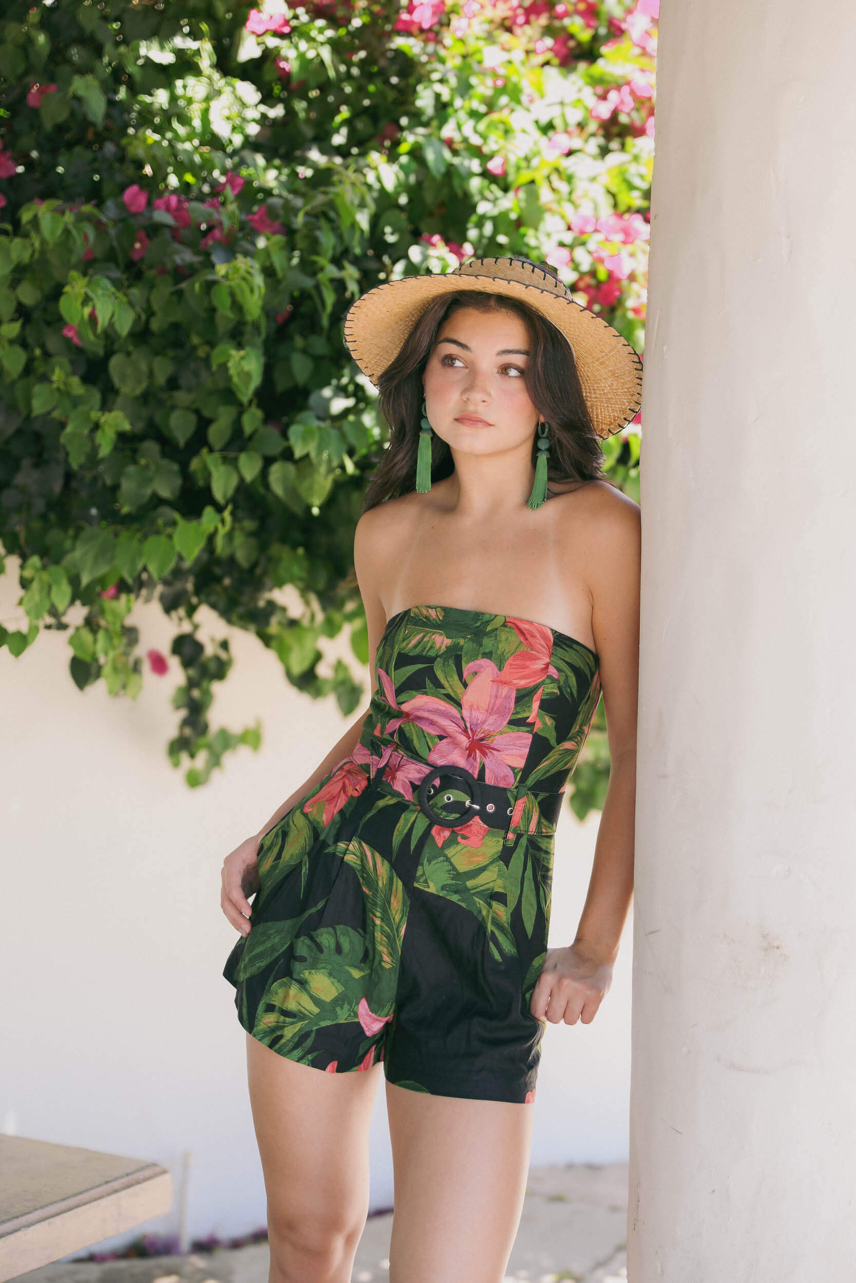 Womens black tropical floral print romper with belt