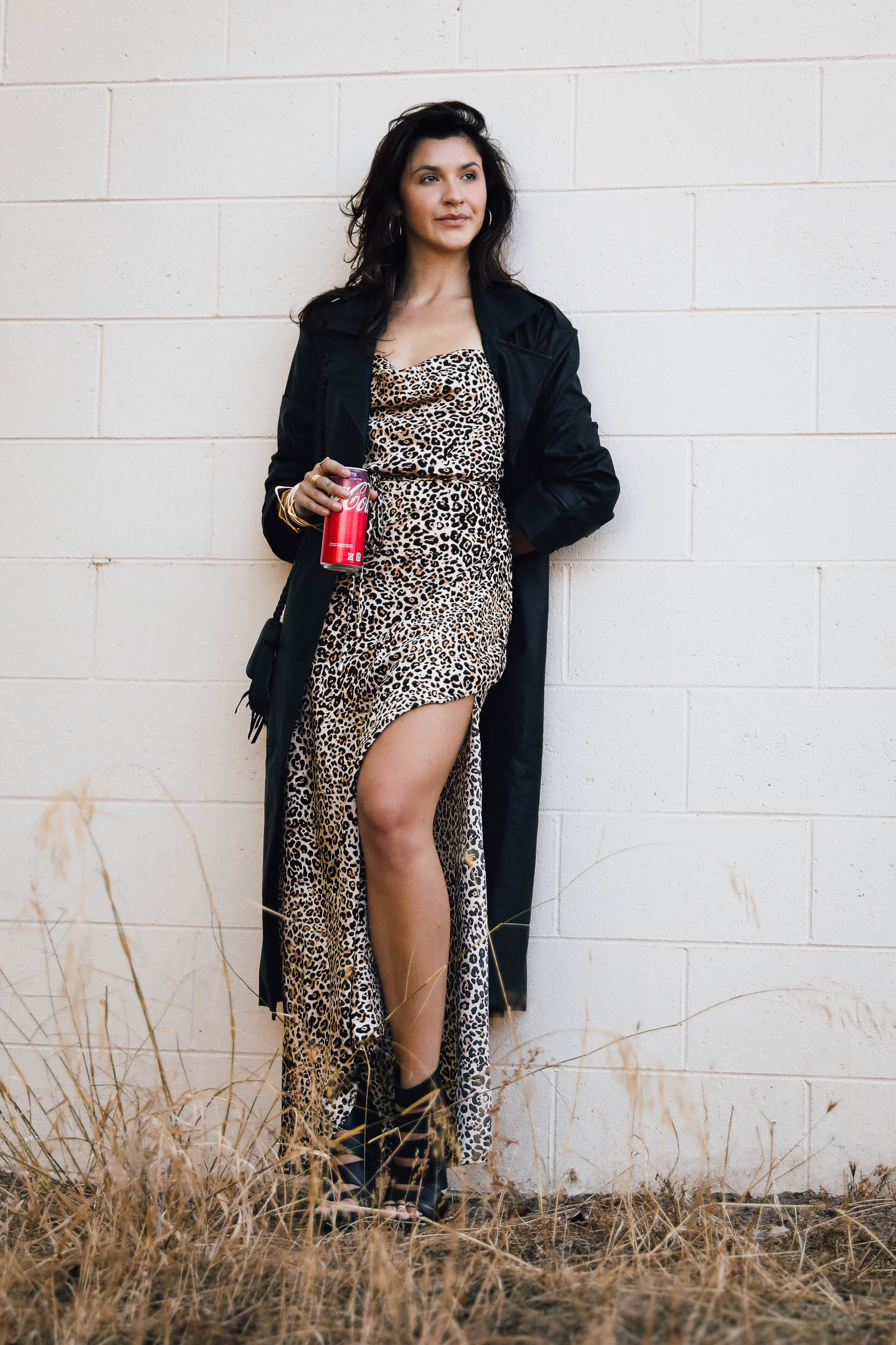 Womens animal print dress with cowl neckline and high leg slit