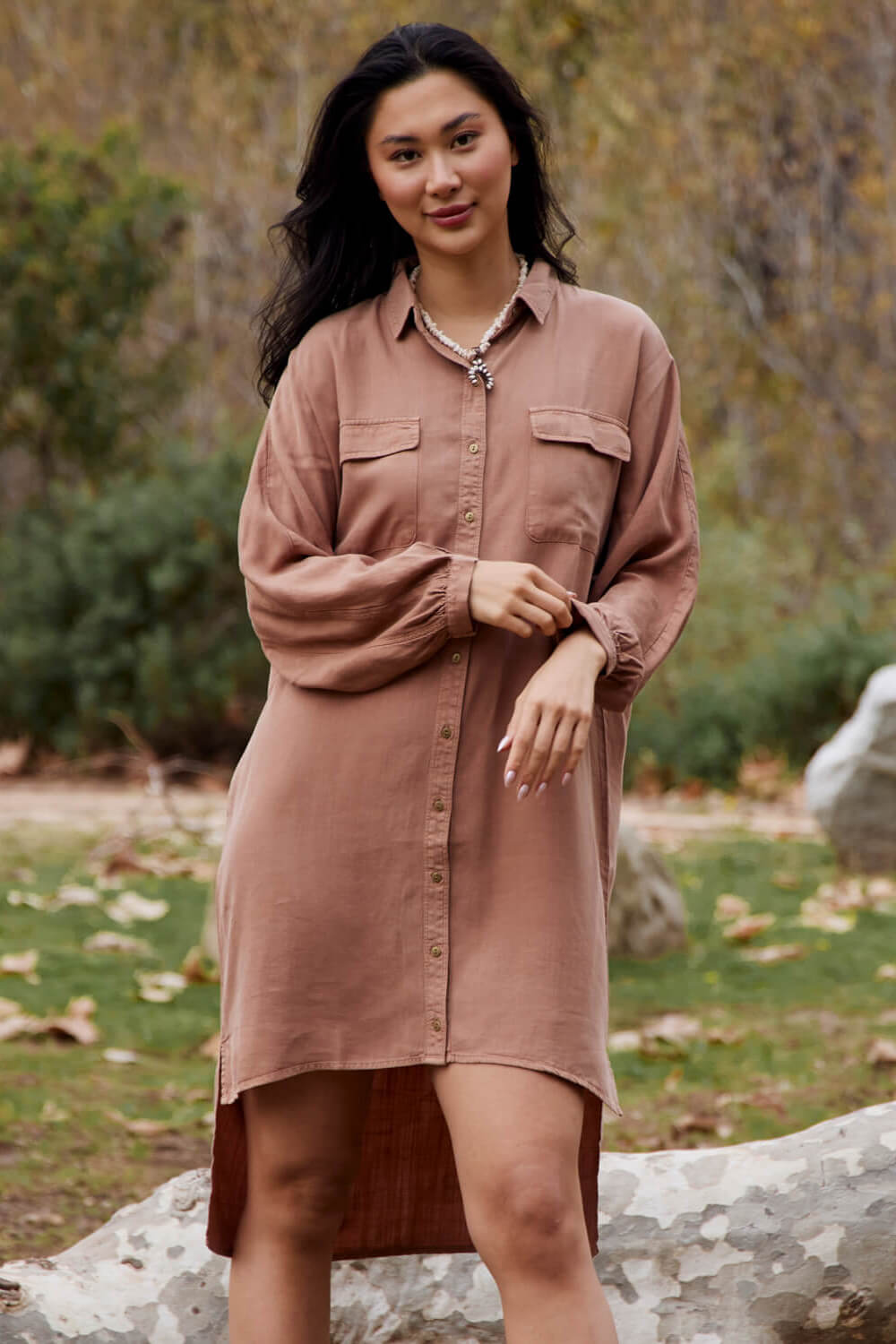 Women's clay colored high low buttonup dress with cuffed sleeves