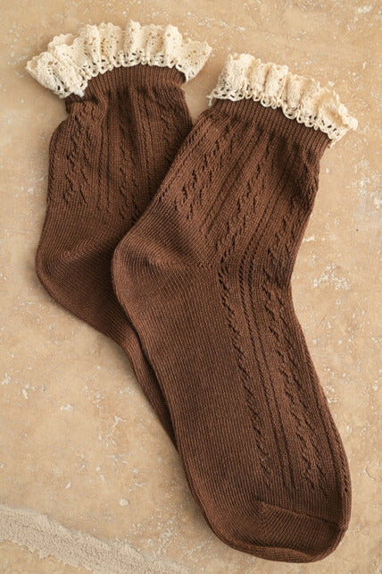 Miou Muse Pointelle Ruffle Socks in mocha