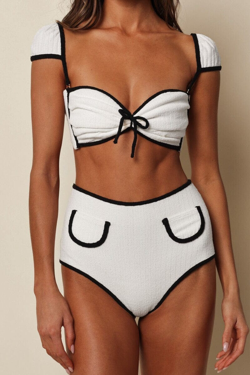 Montce swim cabana bows bikini top in cream terry rib