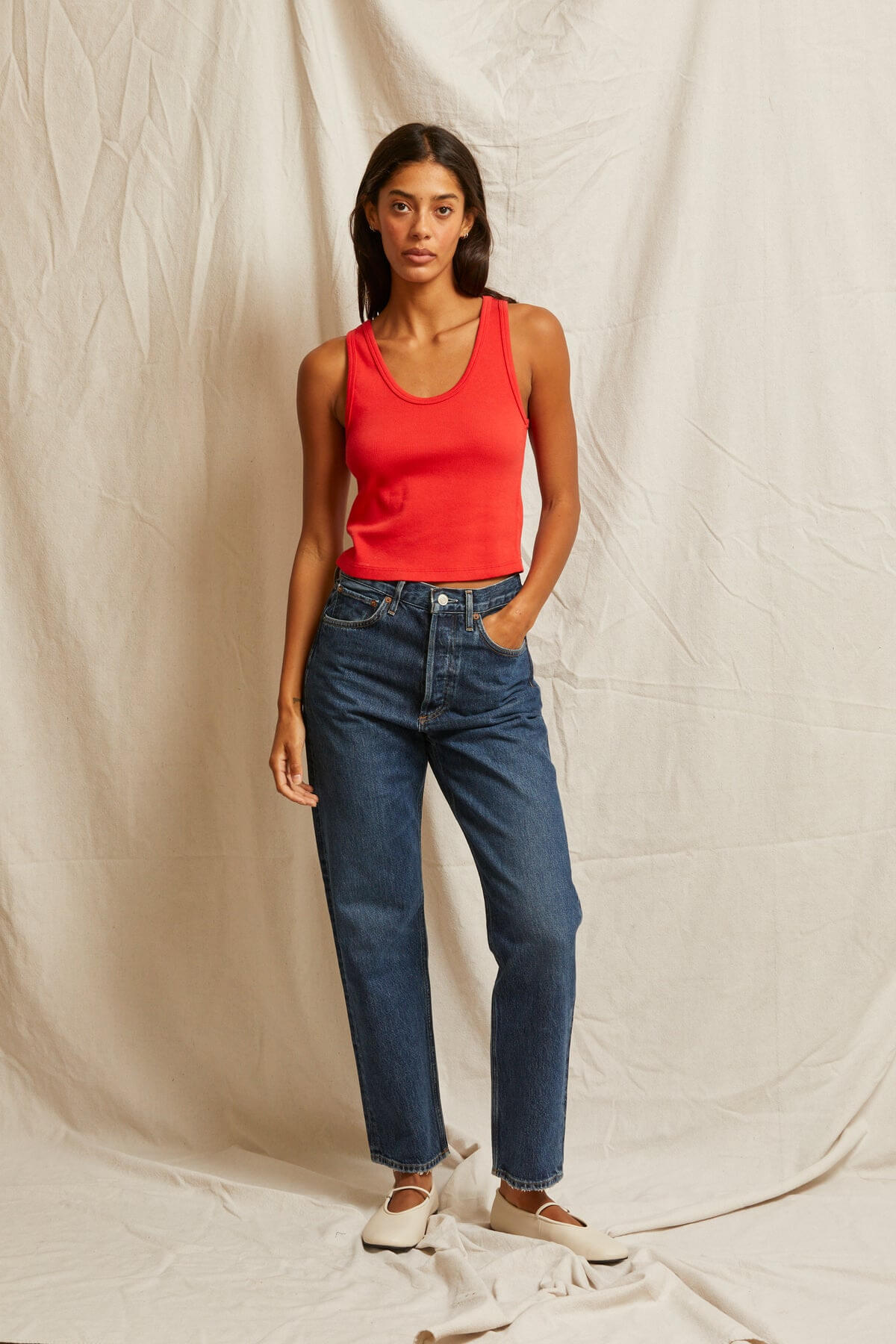 Perfect White Tee blondie tank in poppy red