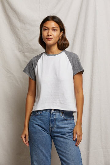 Perfect White Tee britt raglan tee in white and heather grey