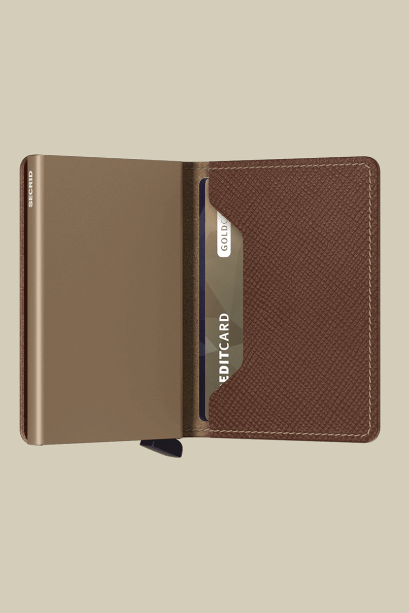 Secrid slim wallet in saffiano caramel