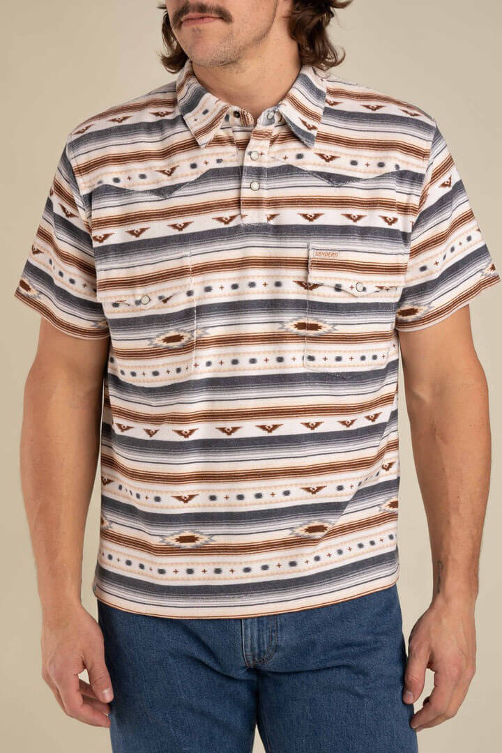 Sendero cantina terry polo in grey and tan southwest. Sendero Provisions men’s fashion. Sendero Provisions women’s fashion. Western clothing for men. Western clothing for women. Wild West clothing for men. Wild West clothing for women. Texan fashion for men. Texan fashion for women. Western fashion for men. Western fashion for women. Sendero Provisions women’s bandana. Sendero Provisions men’s bandana. Sendero Provisions women’s hat. Sendero men’s hat. Sendero Provisions men’s shirt.