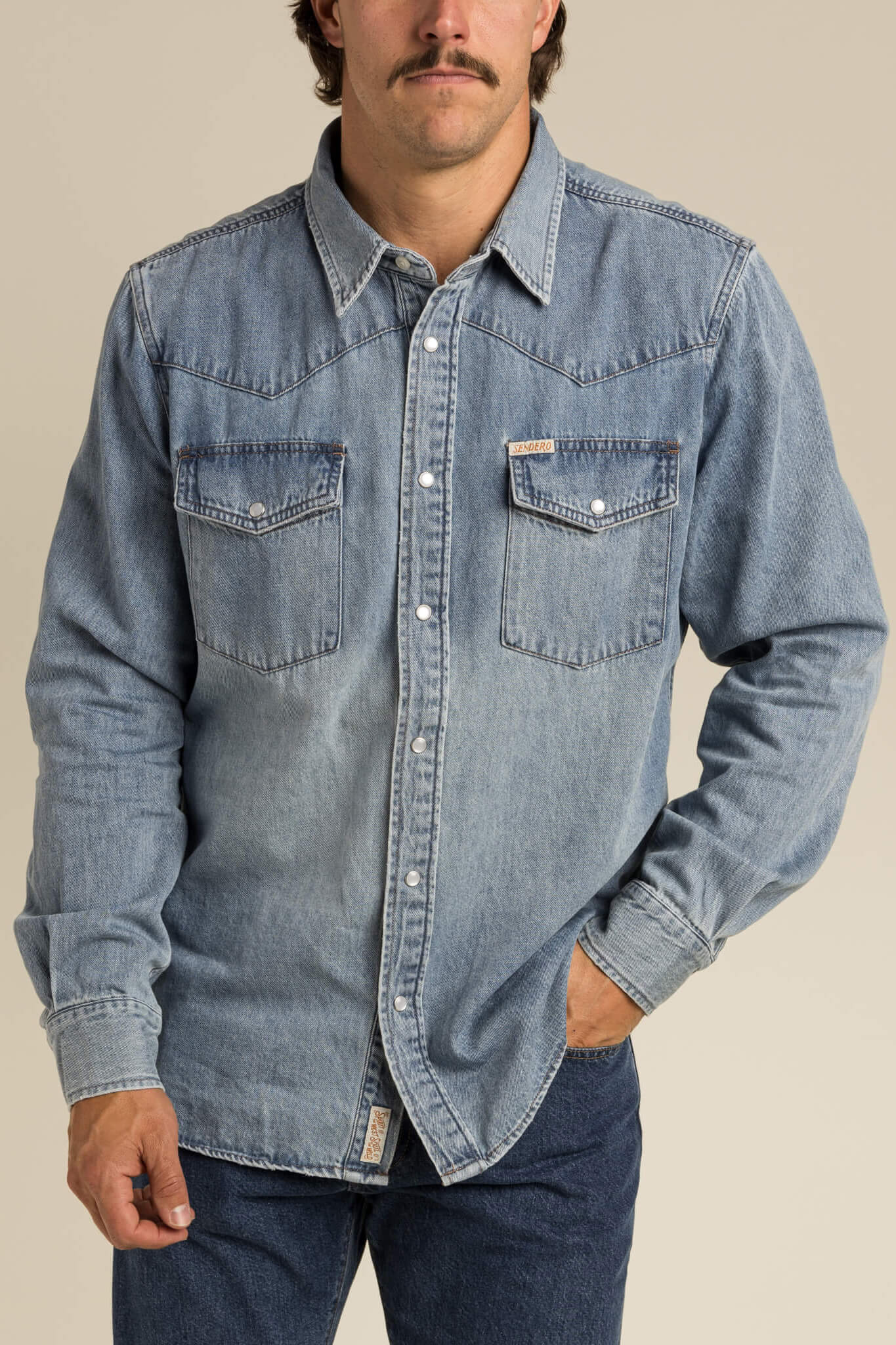 Sendero Wyatt Pearl Snap Shirt in vintage denim