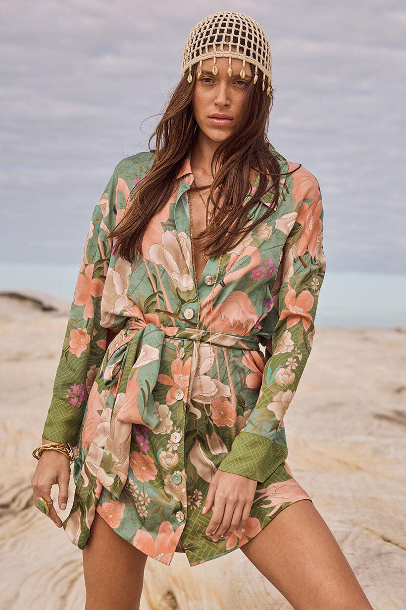 Spell Floridian Shirt Dress in sage
