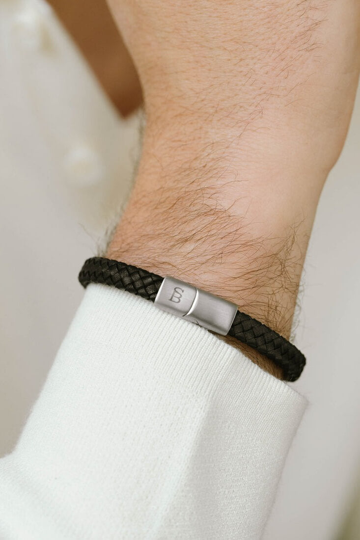 Steel and Barnett silver riley leather bracelet in black