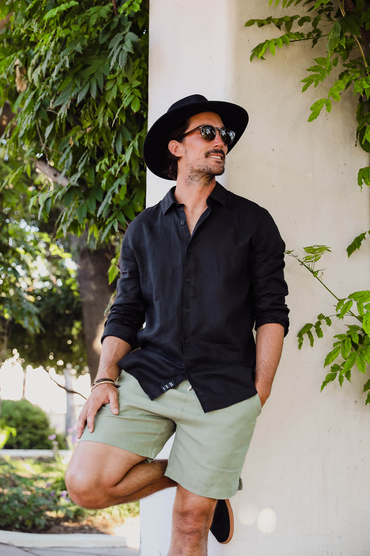 mens green linen shorts