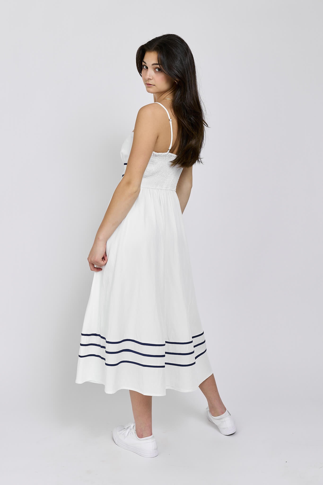 Womens smocked back midi dress with adjustable straps