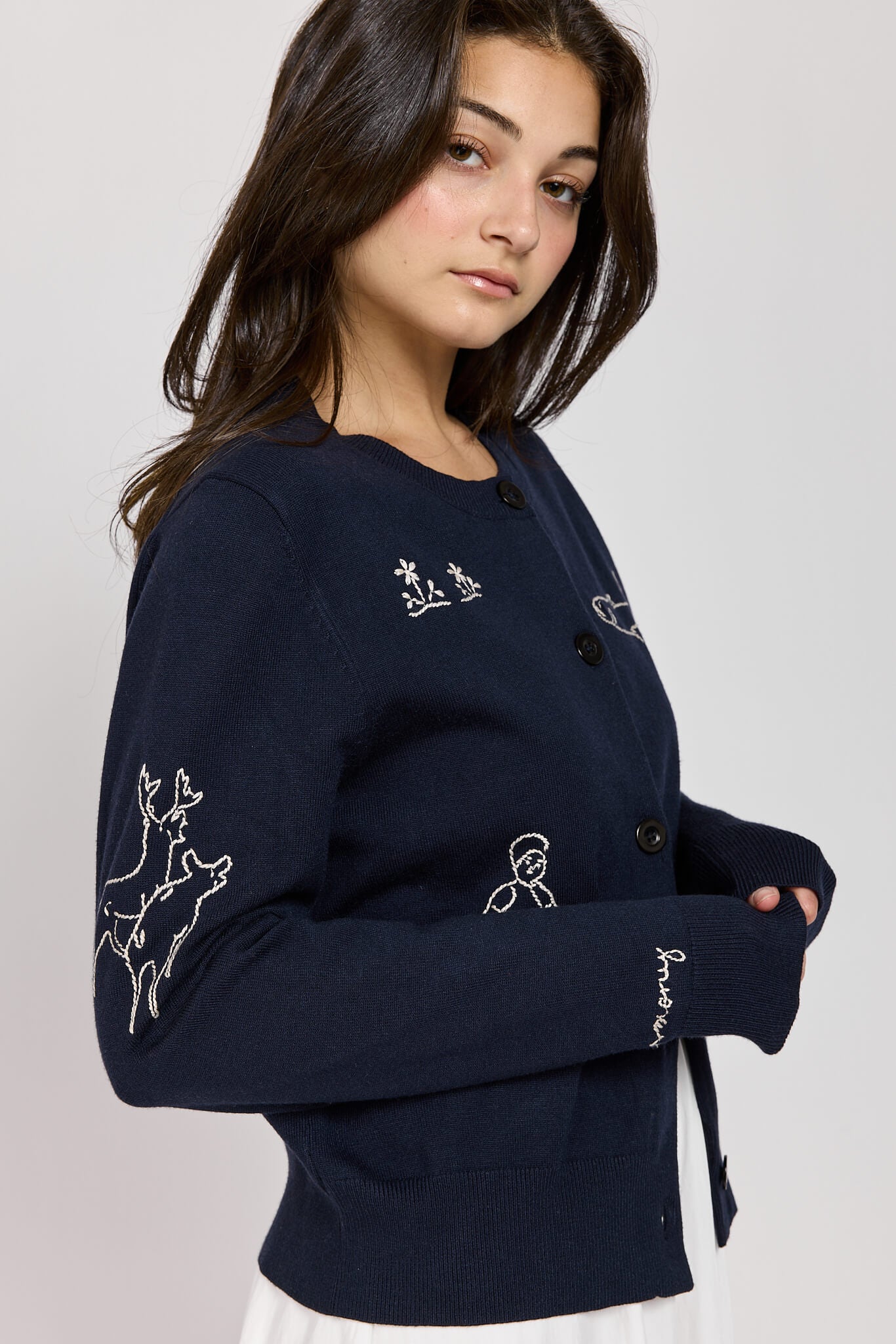 Womens long sleeeve cardi with embroidered art