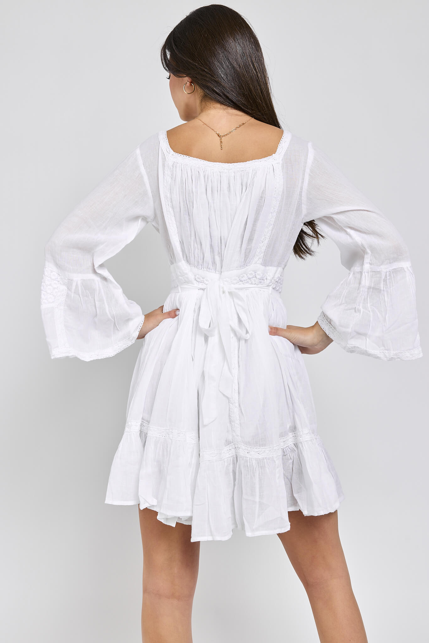 Womens white thin long sleeve dress with back tie