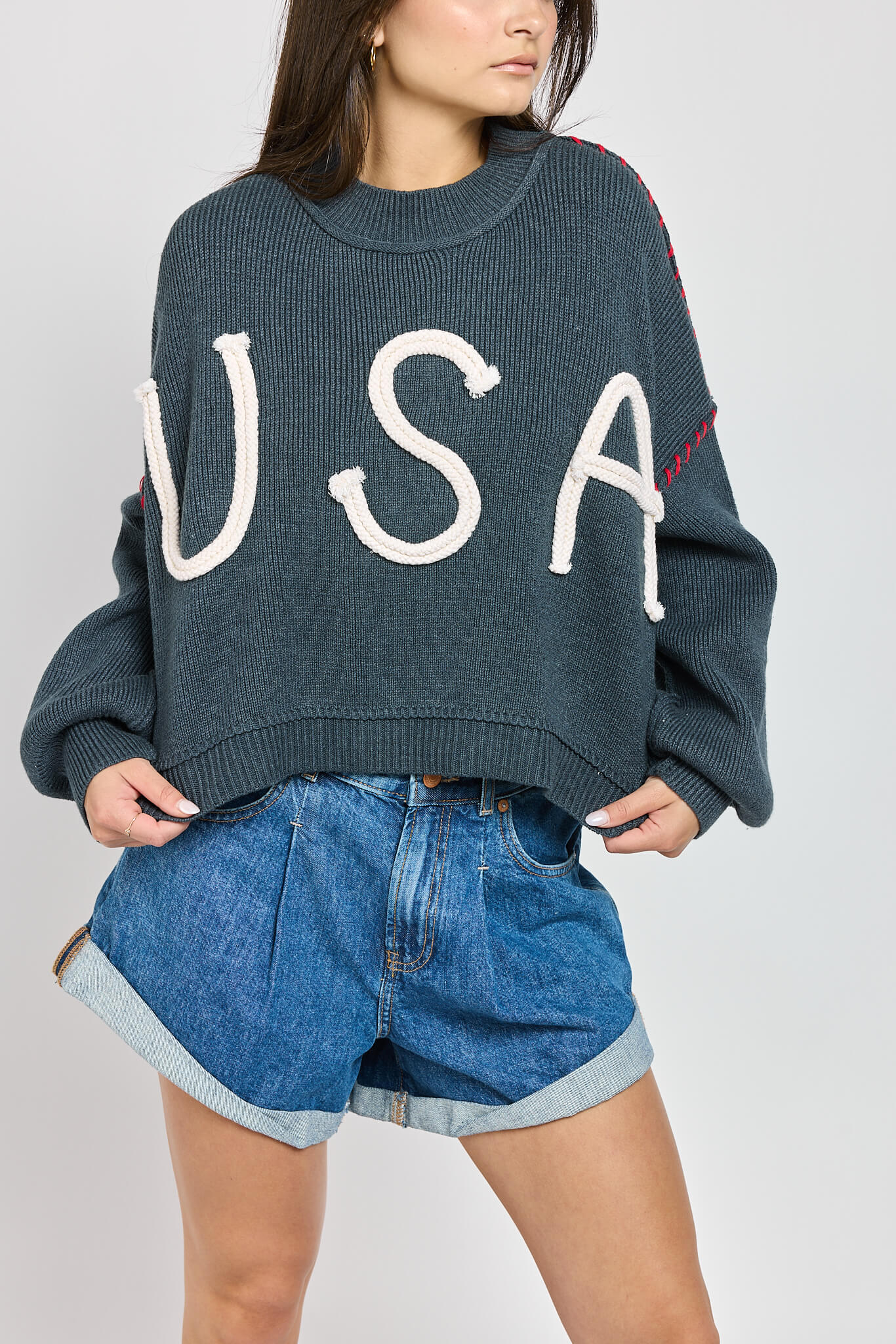 Womens 3d stitch usa thick knit sweater
