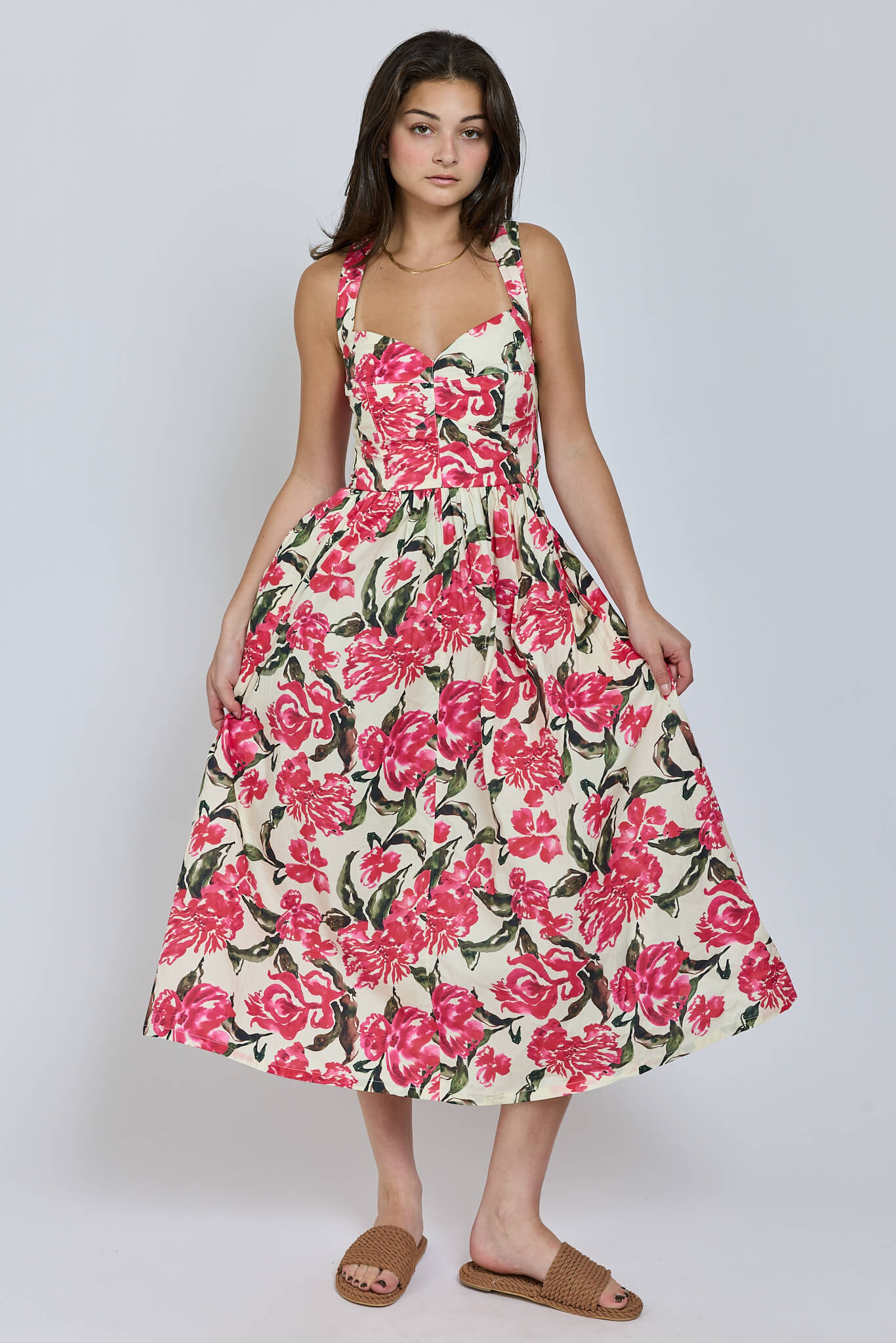 Womens pink floral print midi dress