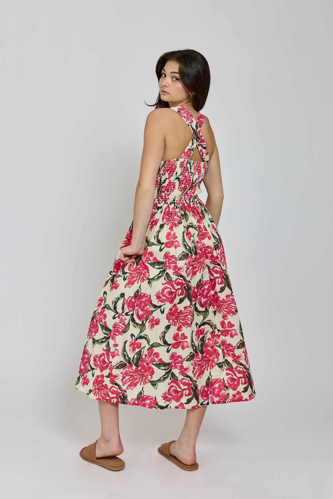 Womens pink midi dress with a smocked back