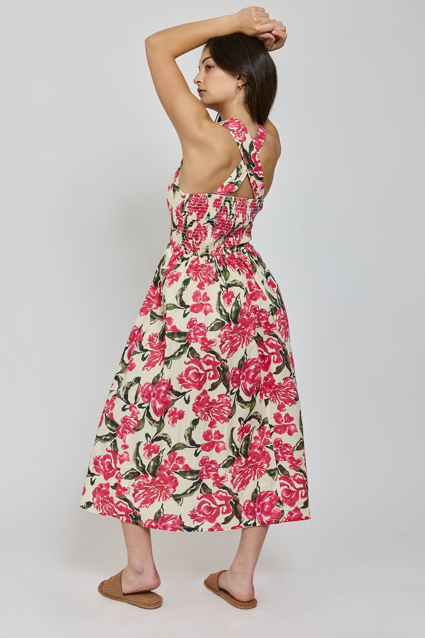 Womens midi floral print dress with cross back straps