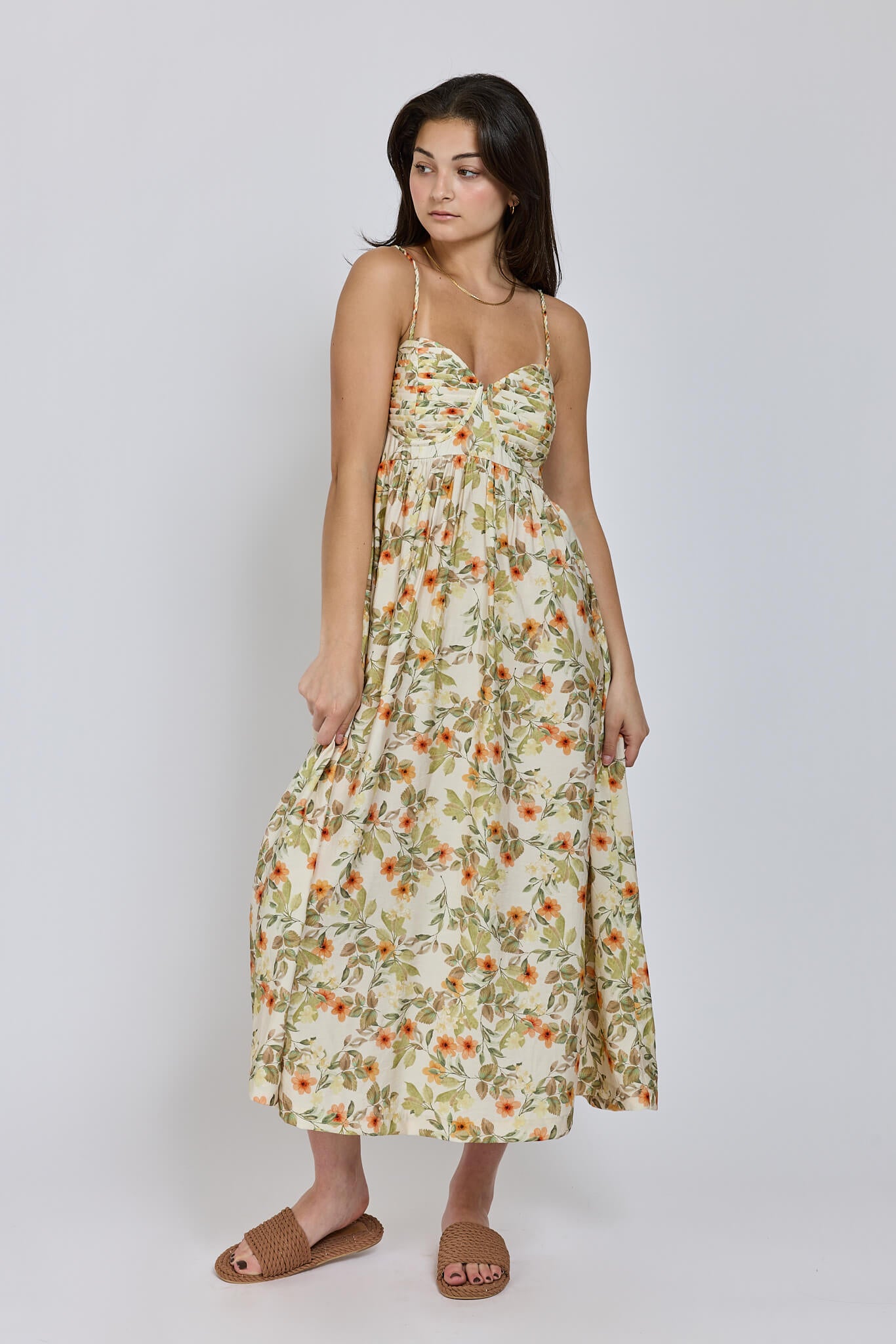 Womens floral printed midi dress with thin braid straps
