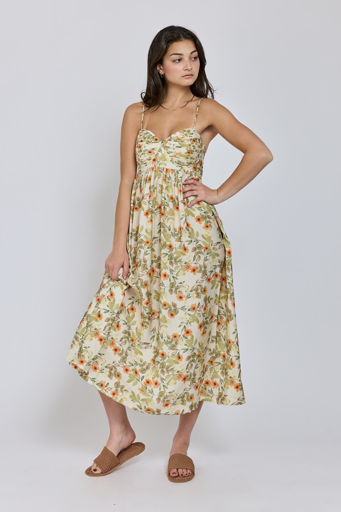 Womens flowy midi dress with pleated front detail