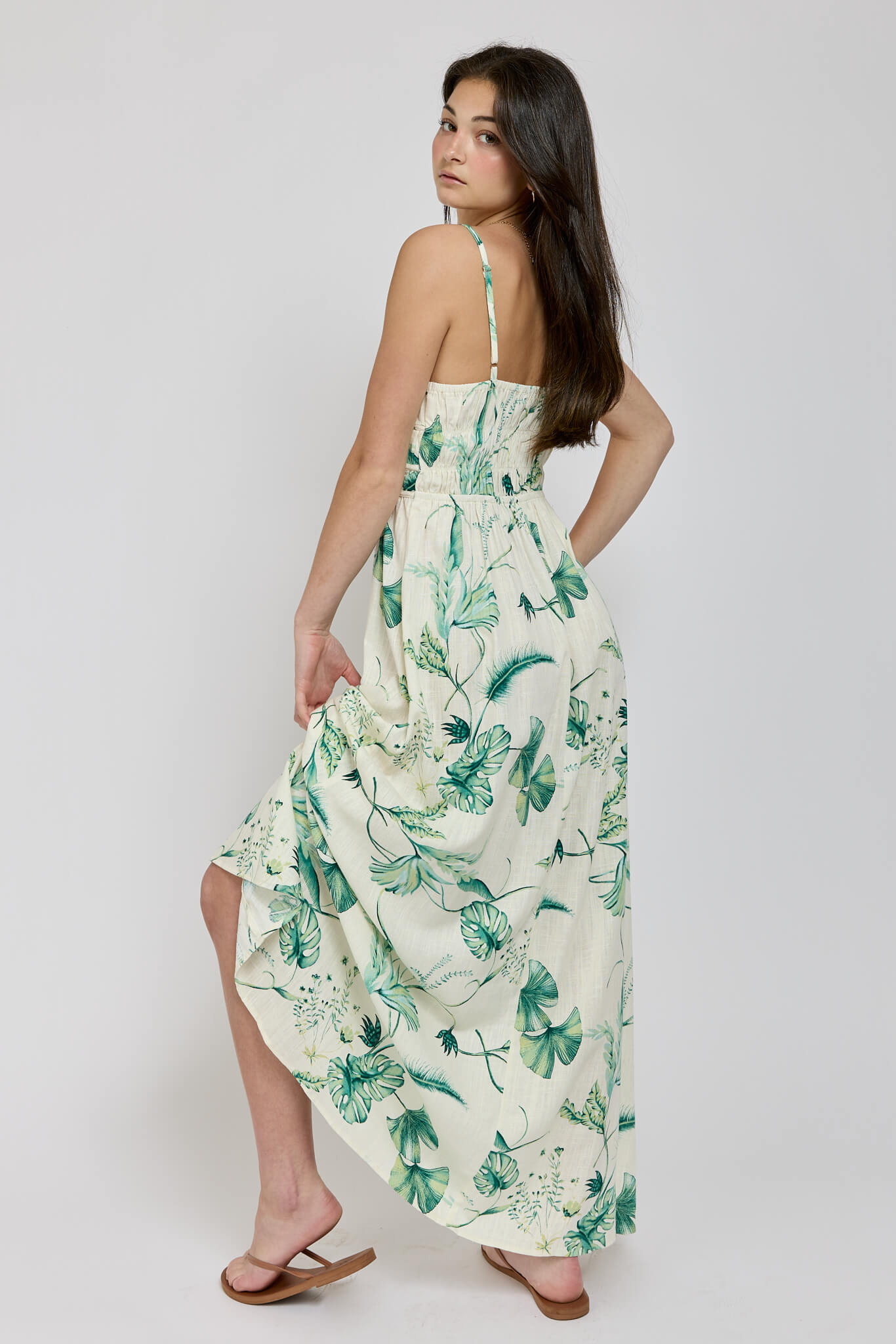 Womens adjustable strap and smocked back linen dress