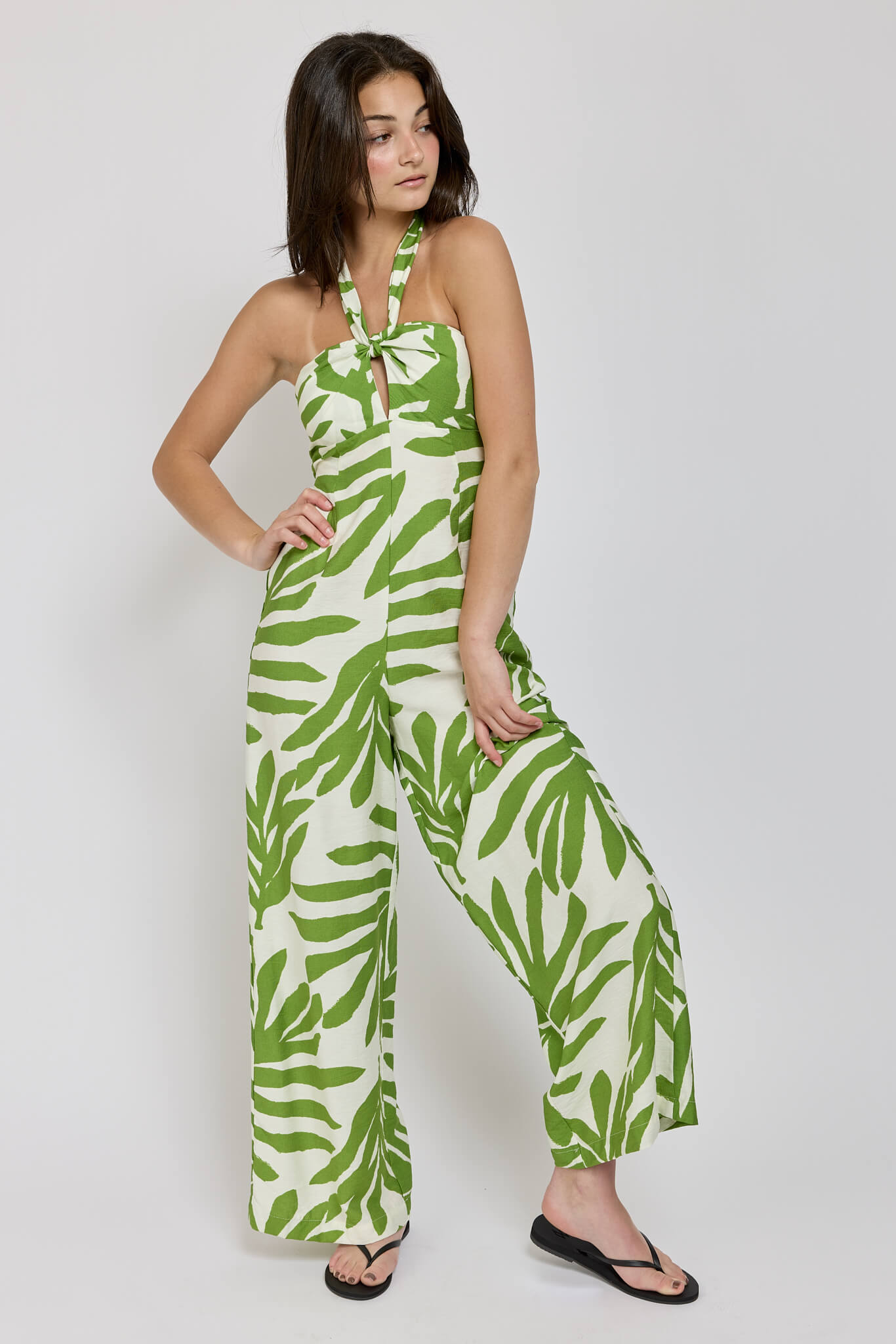 Womens green and white haltet with keyhole jumpsuit