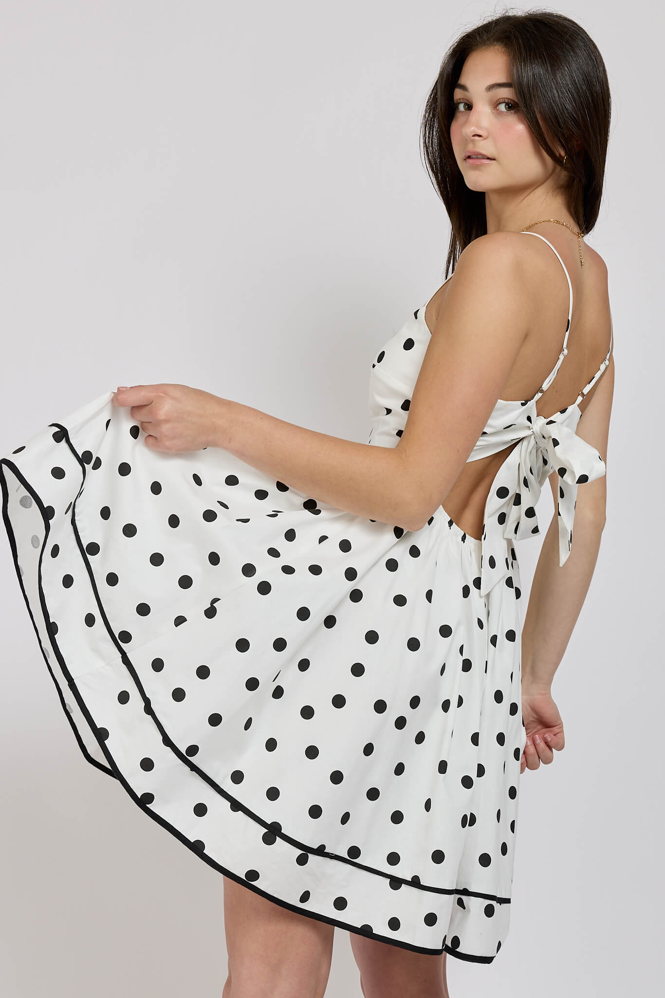 Womens open back with tie polka dot dress