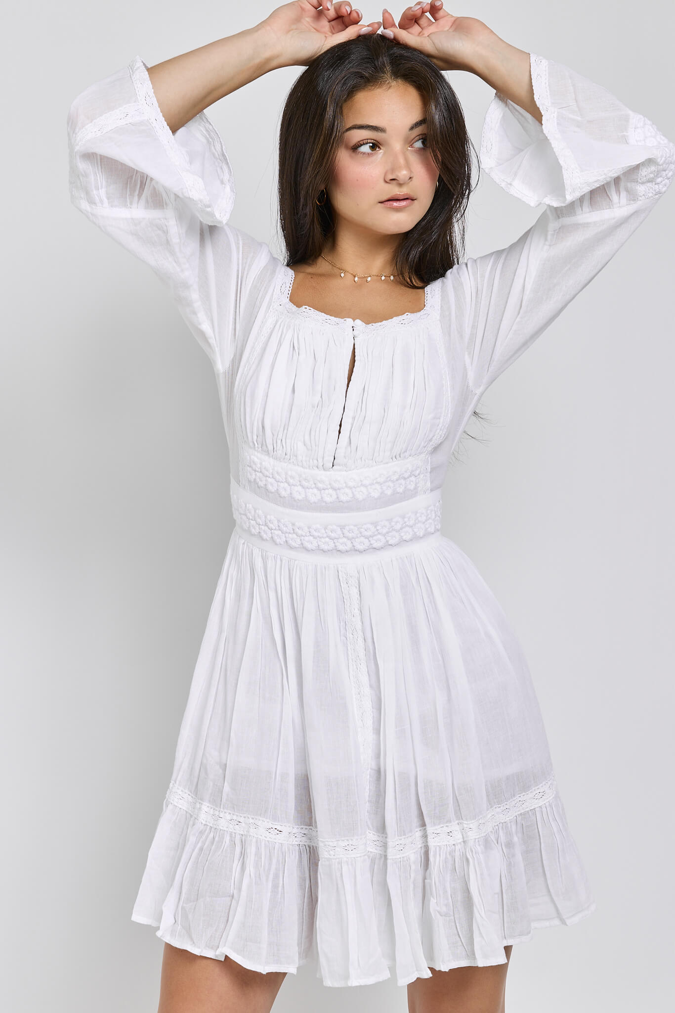 Womens white cotton bell sleeve dress with lining