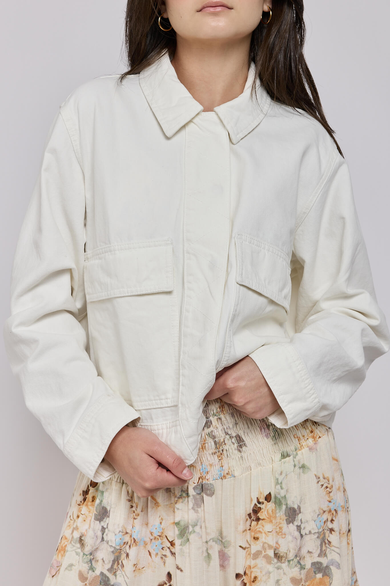 Womens denim hidden snap button cropped jacket