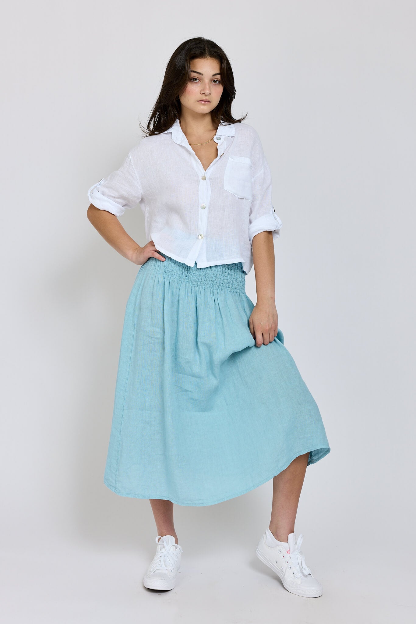 Womens linen roll sleeve crop buttonup